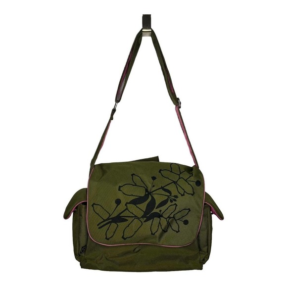 Fleurville Handbags - Fleurville Re-Run Fabric Womens Messenger Diaper Bag Green with Pink Lining